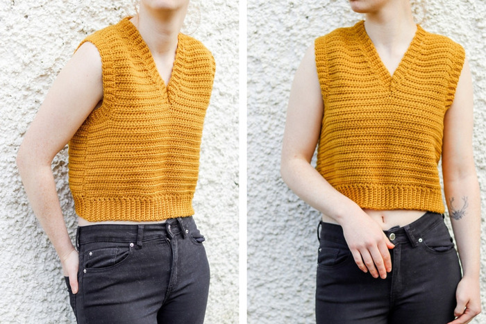 DIY crochet vest top with ribbed V-neck gives and slightly fitted shape