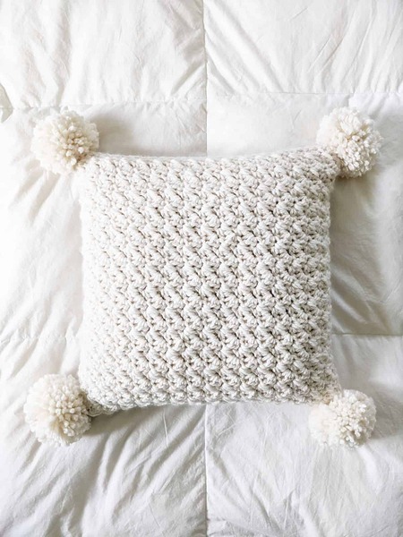 Crochet Chunky Pillow with Pom Poms Free Pattern