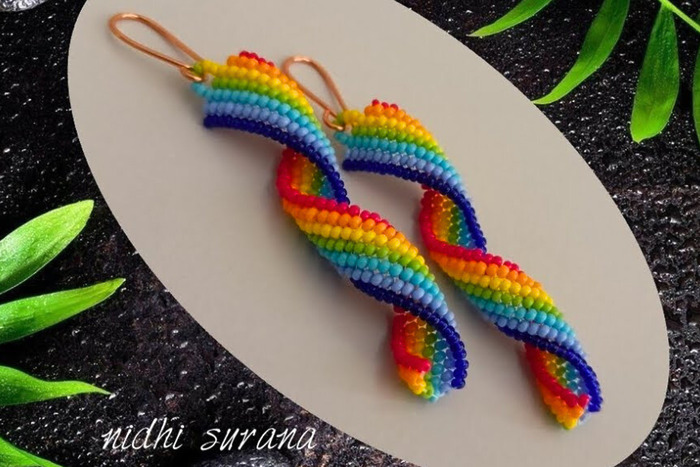 DIY curly spiral rainbow earrings with seed beads