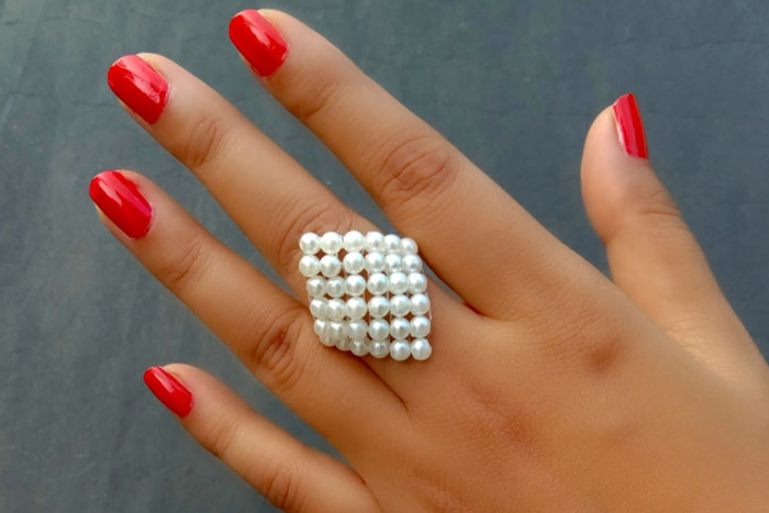 DIY pearl beaded ring made entirely from 3mm pearl beads stitched in a diamond shape