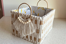 DIY fabric & macrame storage basket made from a cardboard box