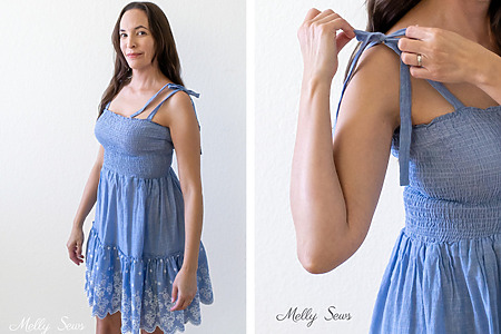 woman wearing a blue DIY shirred sundress