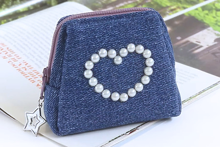 easy upcycled denim pouch with pearl heart embellishment