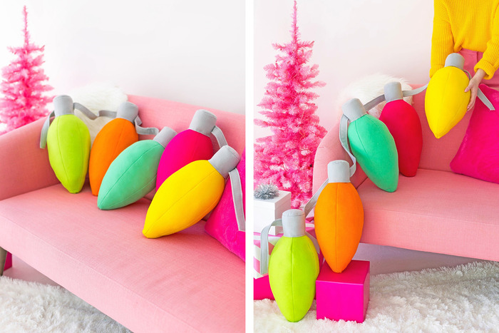 DIY Holiday Light Pillows from felt fabric, in rainbow colors