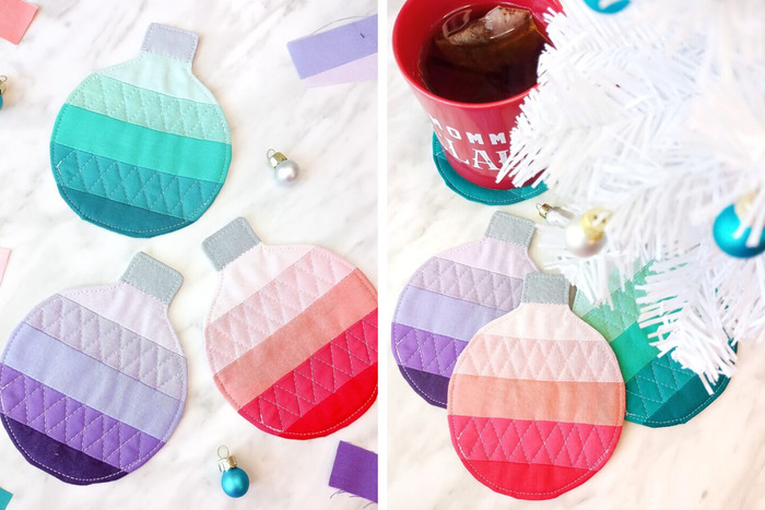 ombre quilted coasters, shaped like Christmas ball ornaments