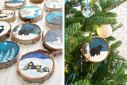 DIY hand-painted birch slice ornaments with woodland and winter themes