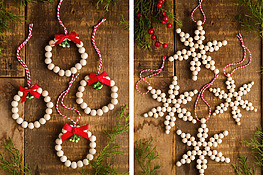 DIY wood bead Christmas ornaments - stars and mini wreaths