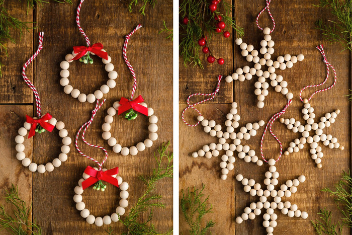 DIY wood bead Christmas ornaments - stars and mini wreaths