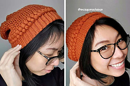 woman wearing a slouchy crochet hat