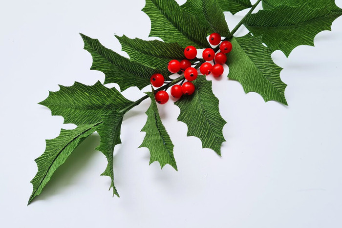 paper Christmas Holly Branch with red berries