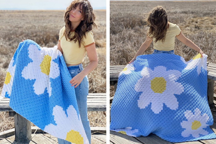 blue crochet throw blanket featuring large daisy flowers