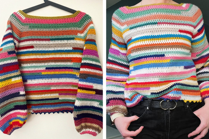 DIY scrap yarn raglan crochet jumper