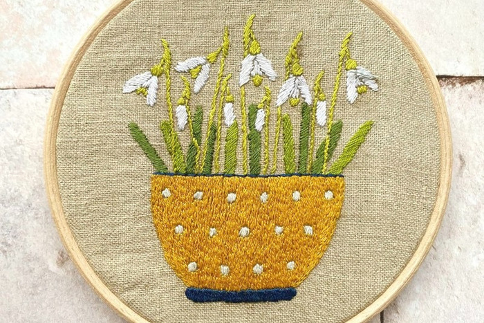 hand embroidery - snowdrops in a plant pot