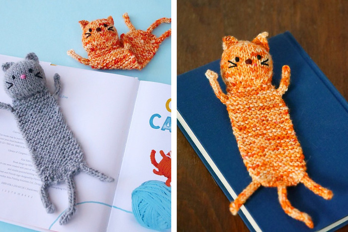 cute knitted cat bookmark with a flat garter stitch body, stuffed head and I-cord paws