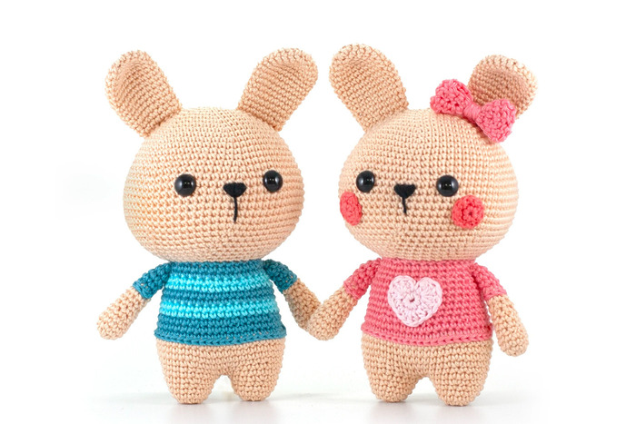 DIY crochet amigurumi bunnies, boy and girl