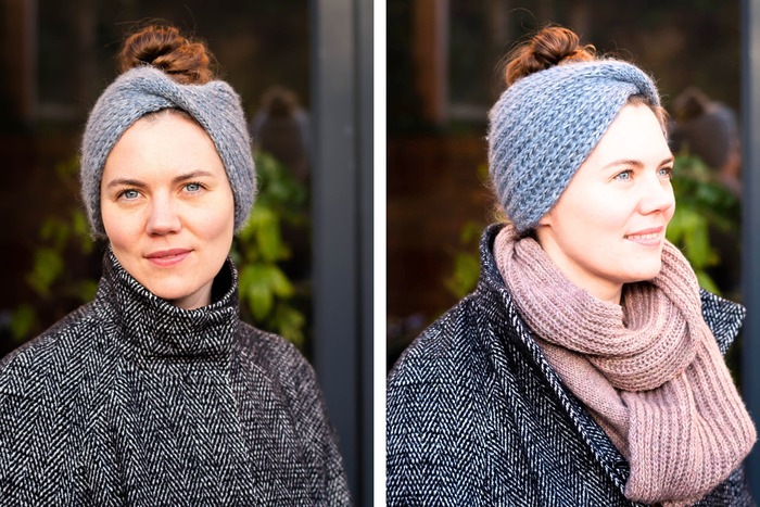 woman wearing a DIY grey knitted headband