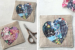 DIY coasters with a rustic, scrappy patchwork heart