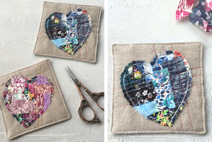 DIY coasters with a rustic, scrappy patchwork heart