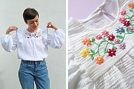 DIY double gauze blouse with hand embroidered flowers on the yoke