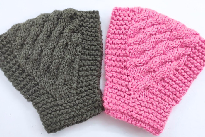 DIY wide knitted headbands in grey and pink yarn