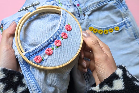 Embroidered jeans pocket: woven rose tutorial