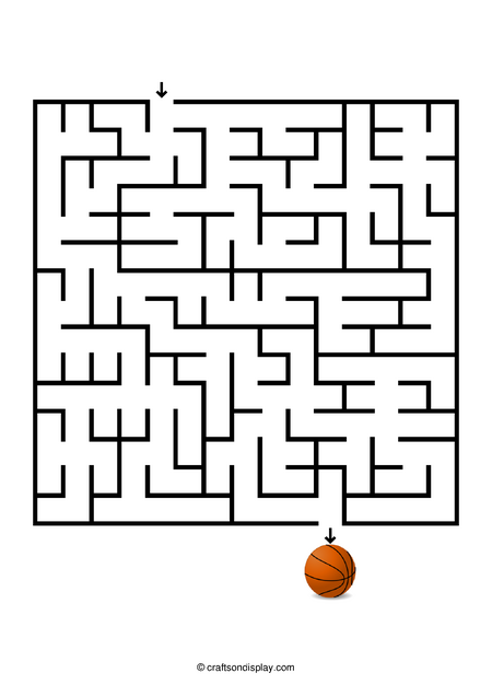Intermediate difficulty square maze for ages 7-9 featuring a basketball