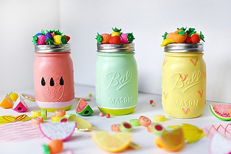 how to create fun and colorfully painted Summer Fruit Mason Jar like a watermelon, a lime and a pineapple