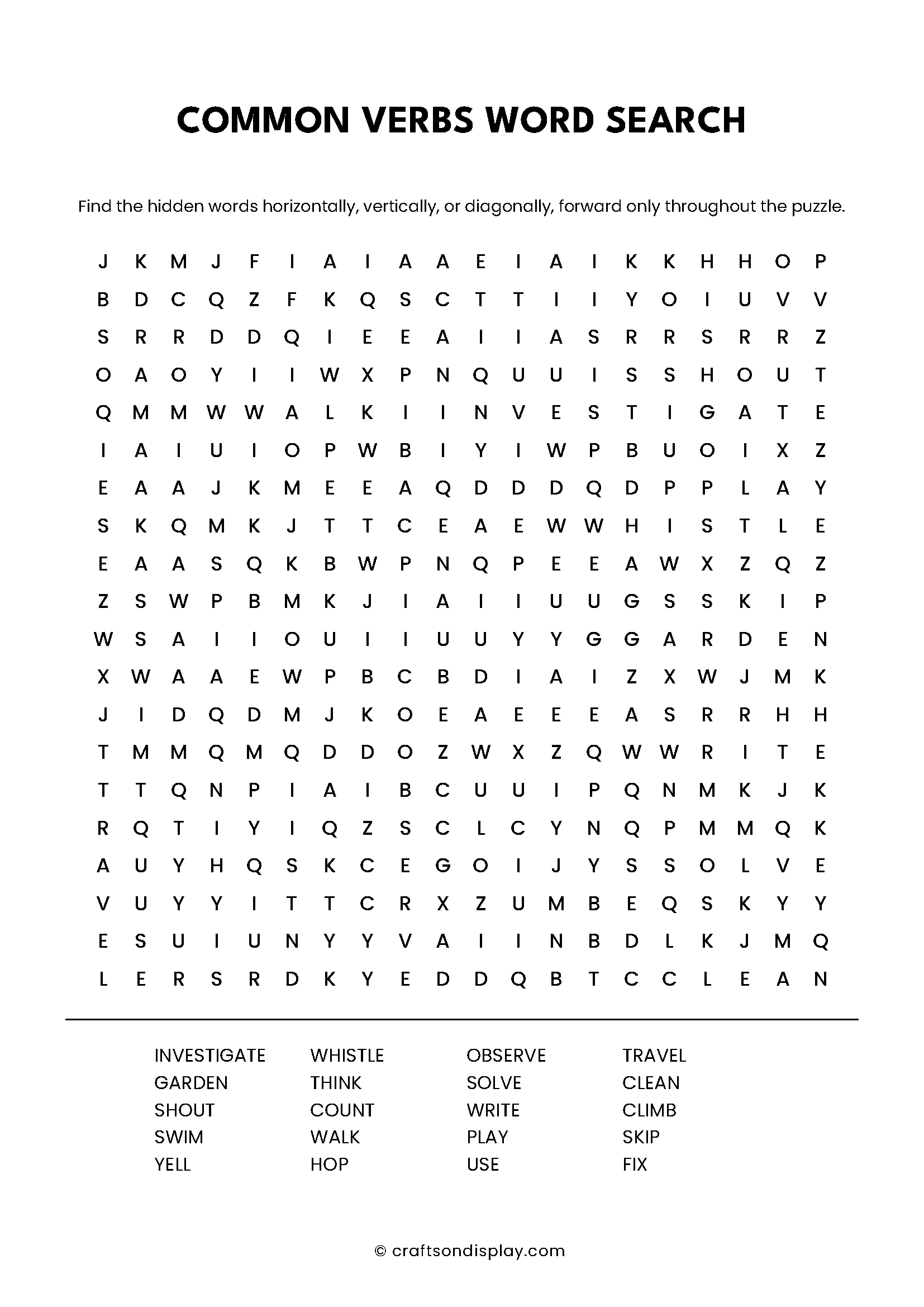 common verbs word search free