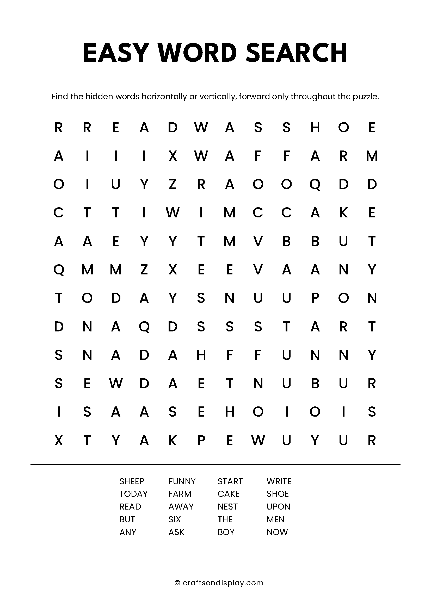 Custom printable word search puzzle created online – easy example for kids