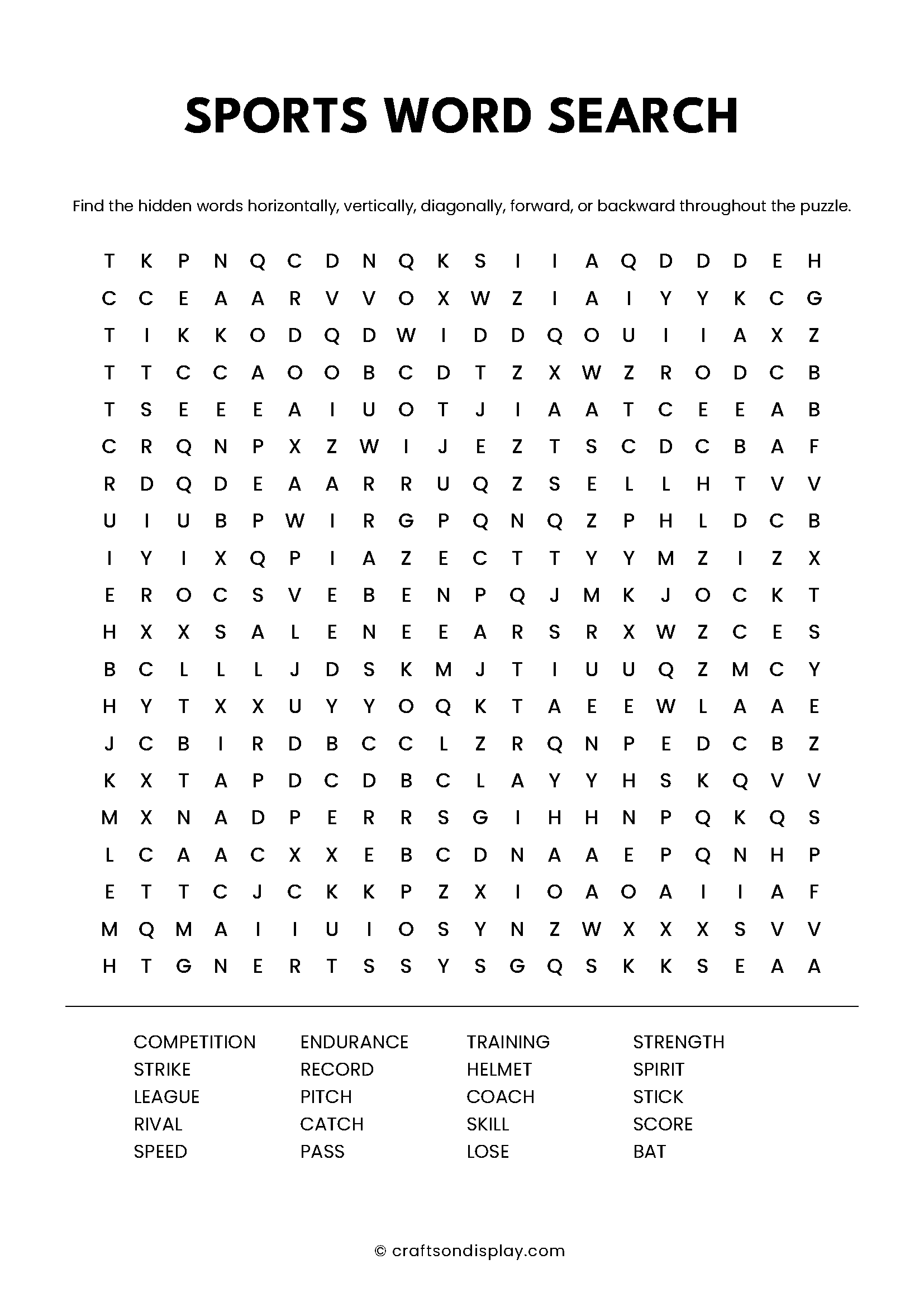 Custom printable word search puzzle created online – example with a Sports theme