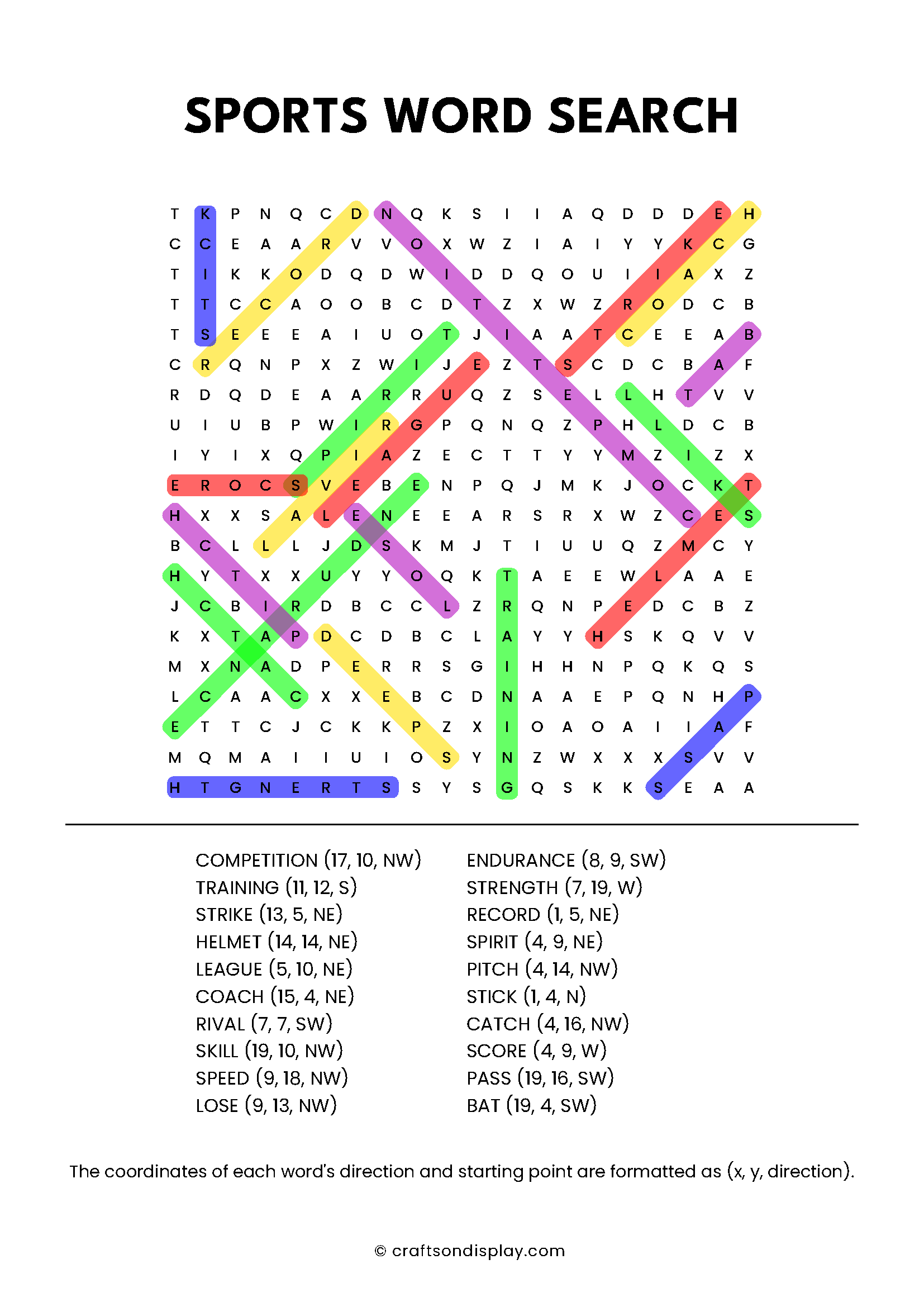 Sports word search intermediate - solution page