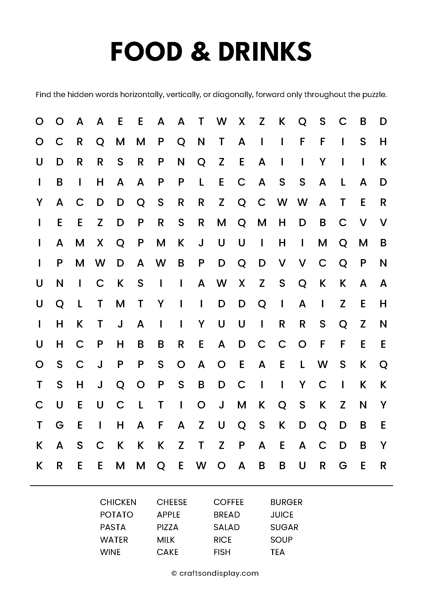 food and drinks word search puzzle free