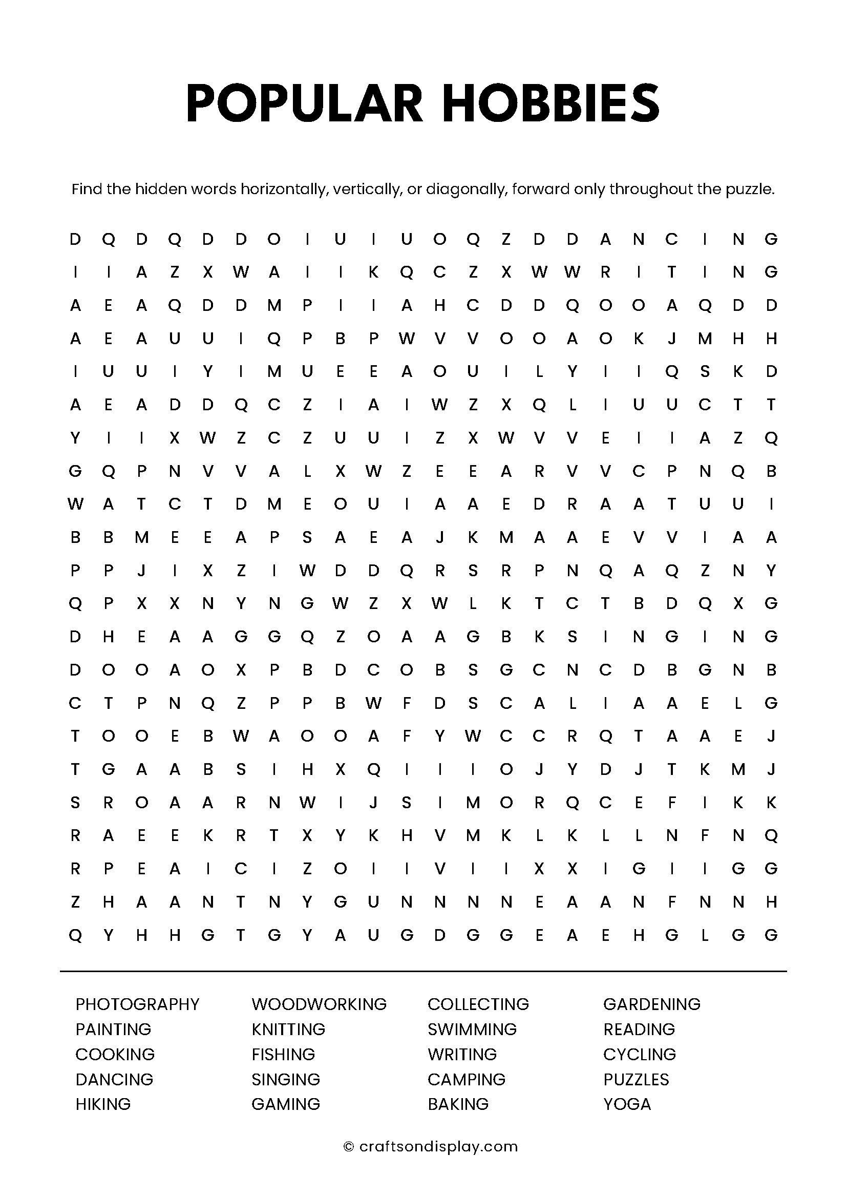 popular hobbies word search free