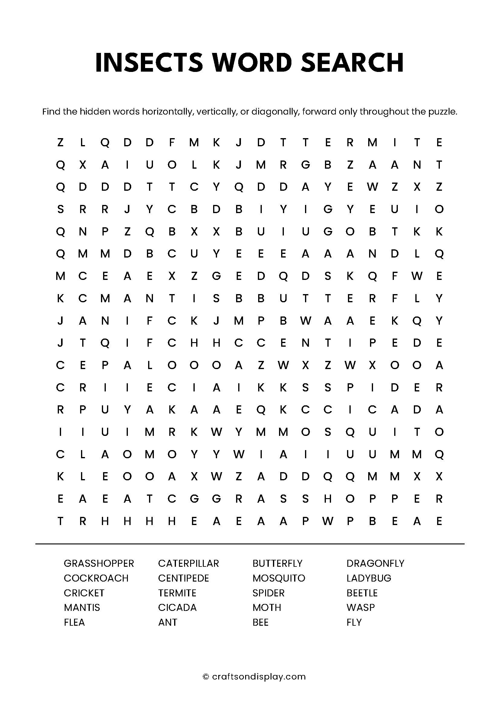 insect word search puzzle free