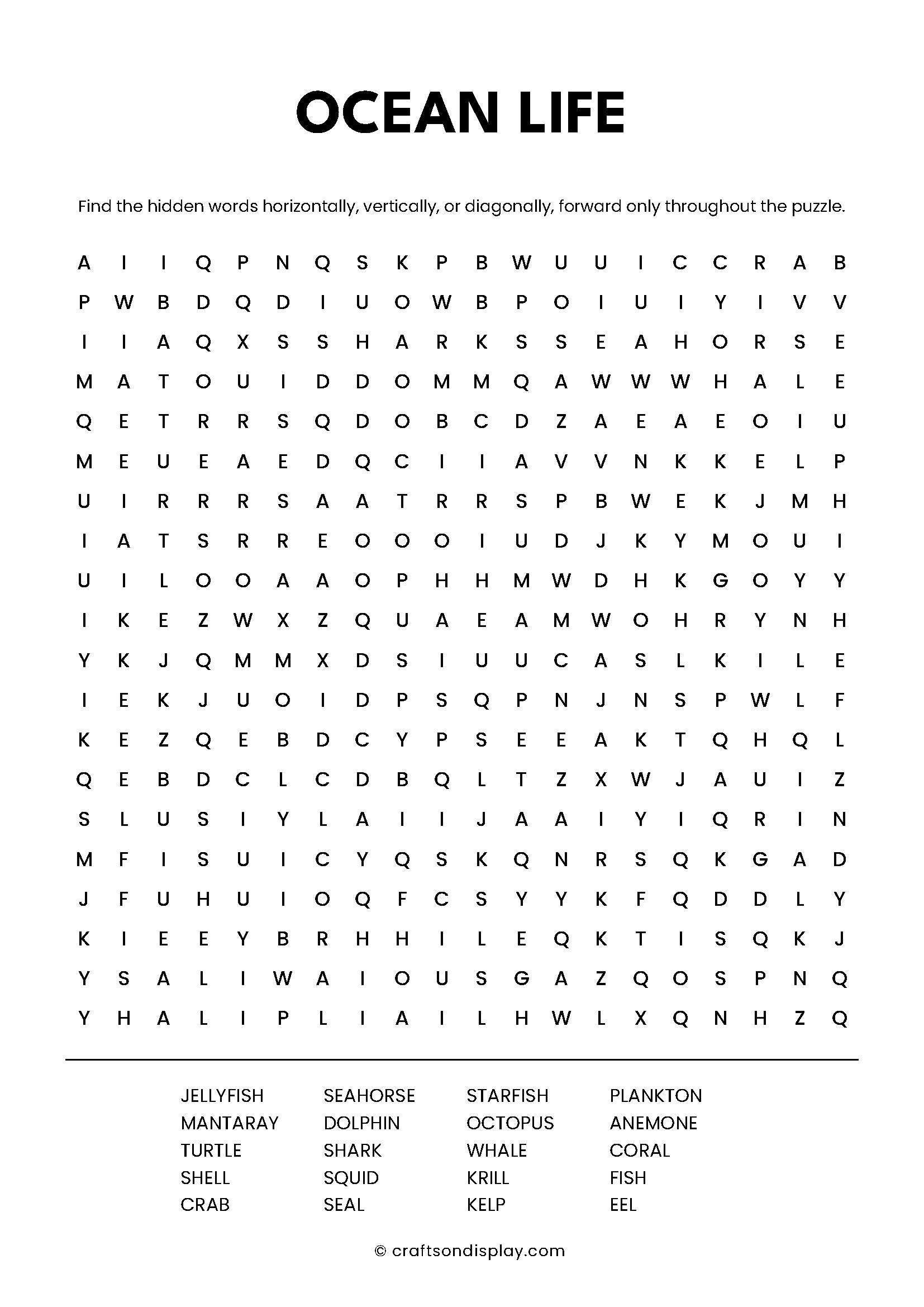 ocean life word search puzzle free