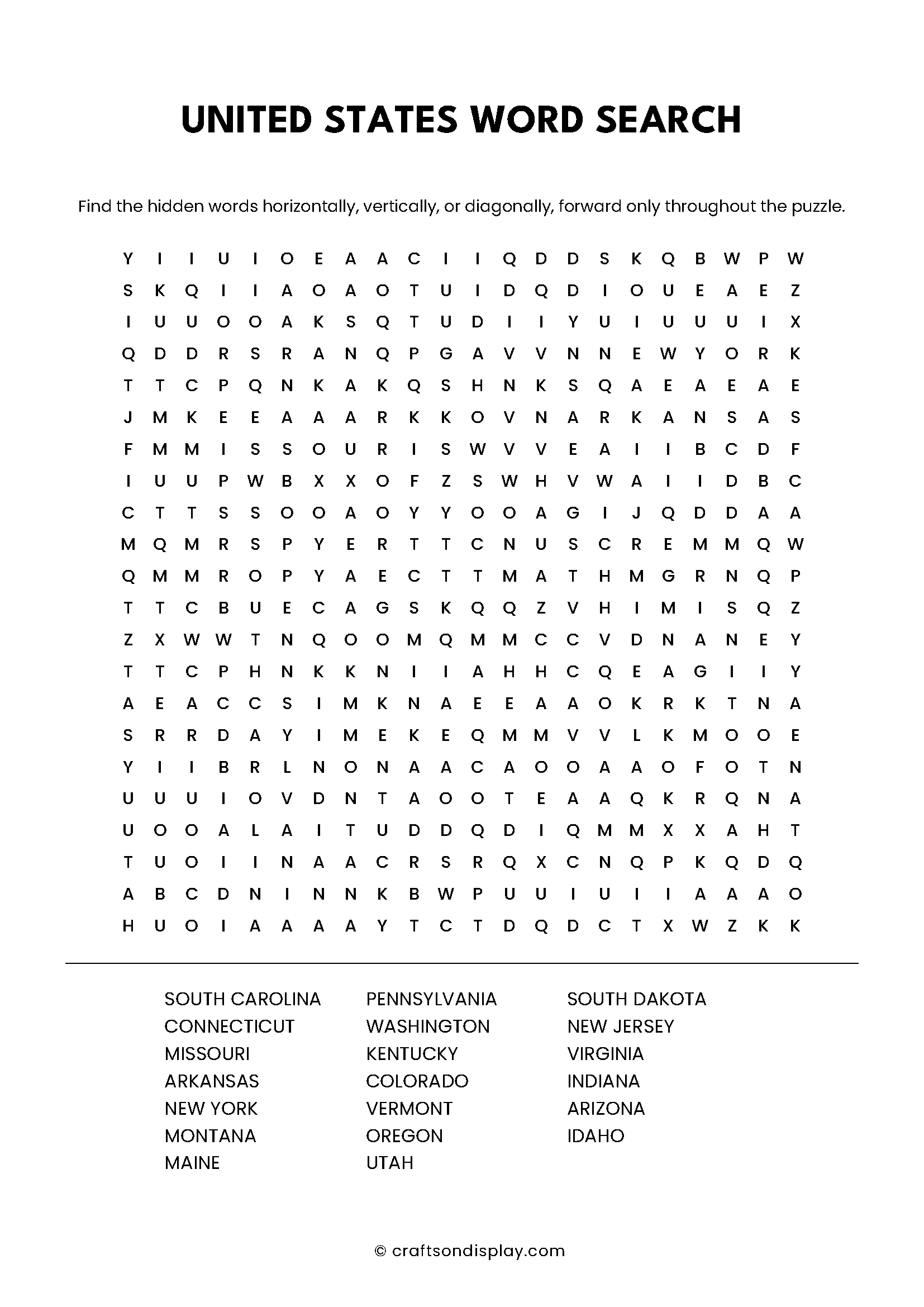 US states word search free printable