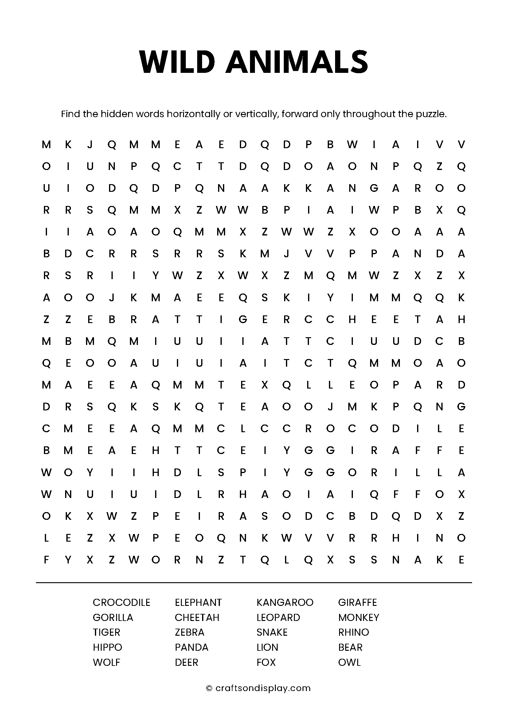 wild animals word search puzzle free