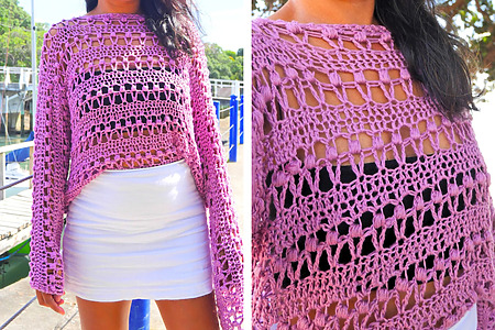 Rosy mesh crochet top free pattern - long sleeve and beginner-friendly