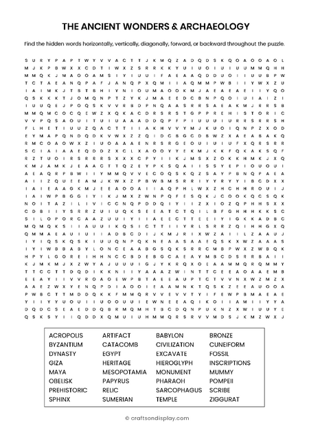 Ancient History Giant Word Search Puzzle Free Printable- Search for relics of Mesopotamia, Hieroglyphs, and Ziggurats