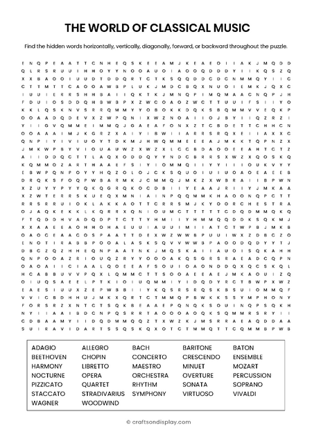 Classical Music Word Search Puzzle: Discover masters like Vivaldi, Virtuosos, and Symphonies