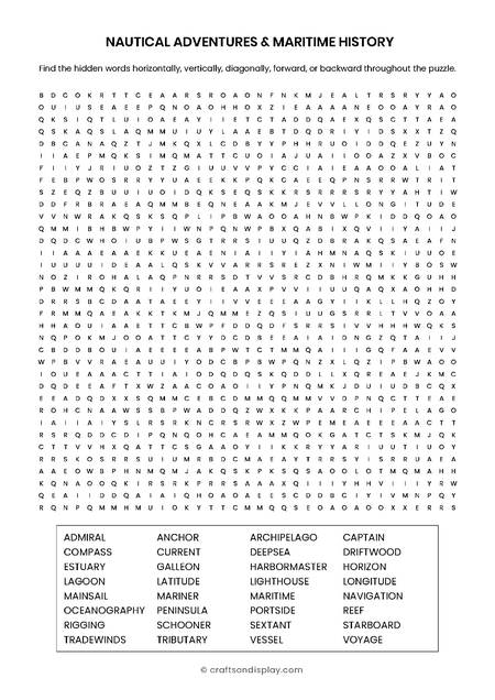 Nautical History Free Giant Word Search Puzzle: Navigate terms like Sextant, Latitude, and Archipelago
