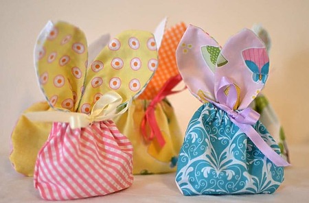 Sew Can She Treat Bag: Small fabric pouches tied with ribbon at the top to resemble bunny ears