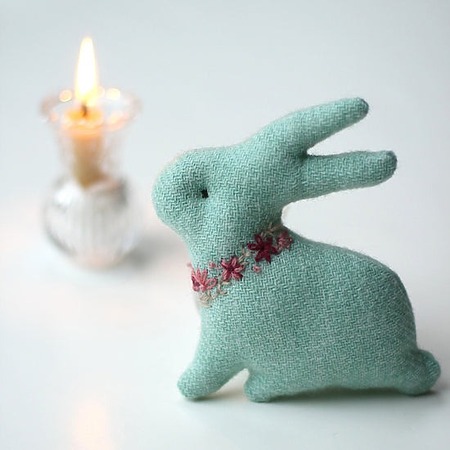 Twig and Tale Bunny: small, primitive-style bunny made from linen scraps with simple embroidered face