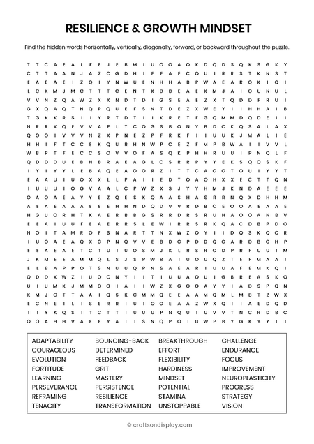 resilience and growth mindset word search puzzle