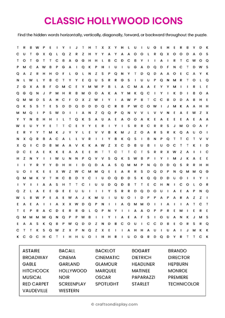 classic Hollywood icons word search puzzle