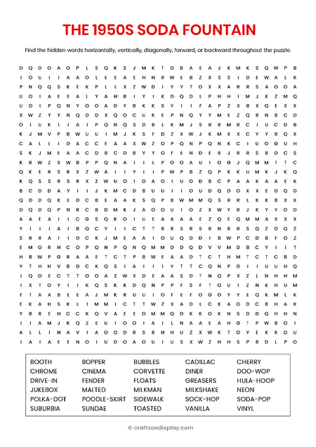 1950s soda fountain word search puzzle