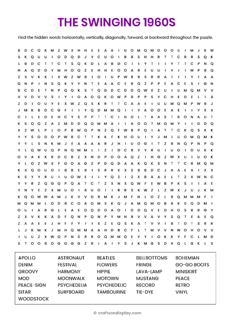 The Swinging 1960s free word search puzzle