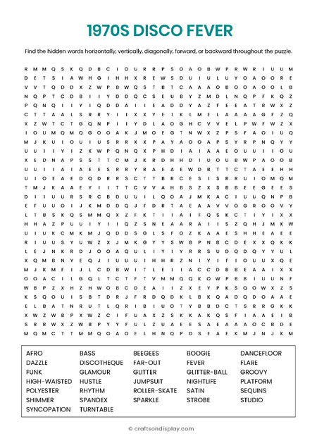 1970s Disco Fever word search puzzle free printable
