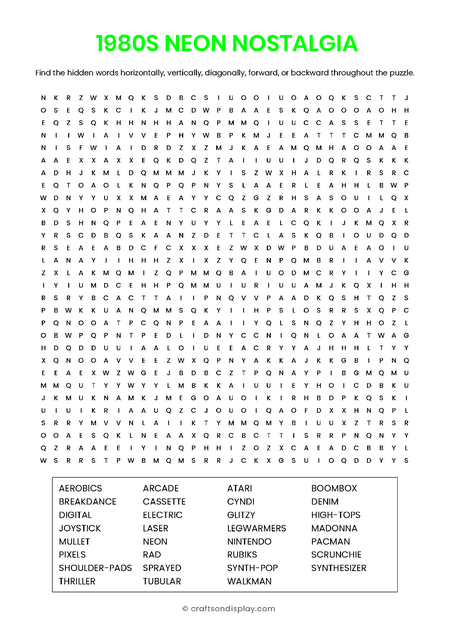 1980s Neon Nostalgia word search puzzle