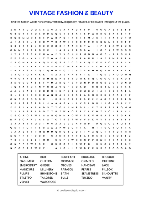 Vintage Fashion & Beauty free word search puzzle